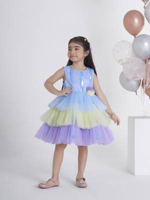 Skyblue sequins work net frock 1