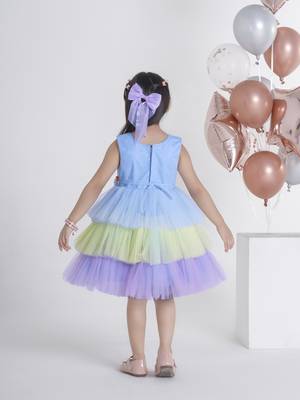 Skyblue sequins work net frock 2