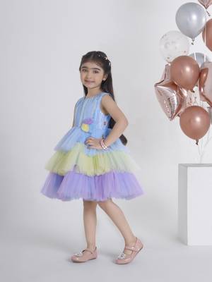 Skyblue sequins work net frock 3