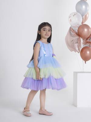 Skyblue sequins work net frock 4