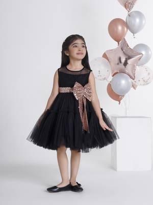 Black big sequins bow net frock 1