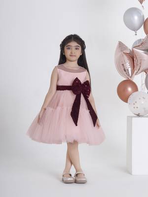 Peach big sequins bow net frock 1