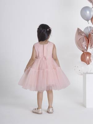 Peach big sequins bow net frock 2