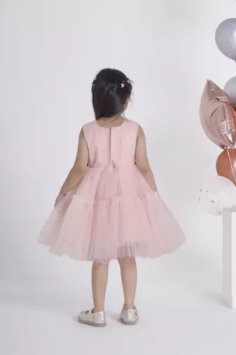 Peach big sequins bow net frock