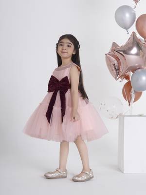 Peach big sequins bow net frock 3