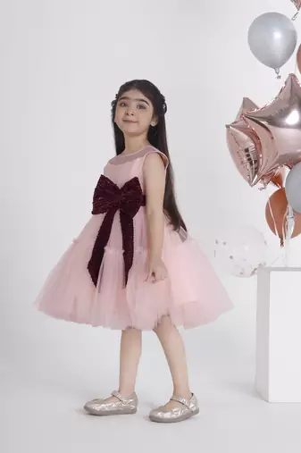 Peach big sequins bow net frock