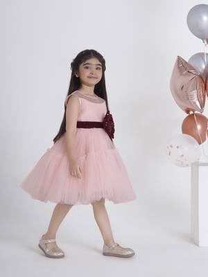 Peach big sequins bow net frock 4