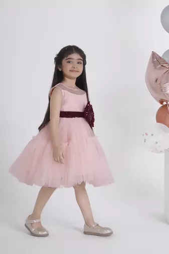 Peach big sequins bow net frock