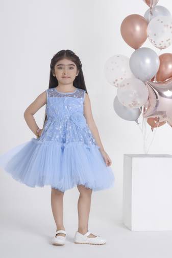 Skyblue resham embroidery net frock