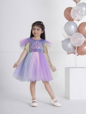 Purple sequins work and hand embriodery net frock 1