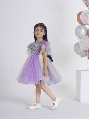 Purple sequins work and hand embriodery net frock 3