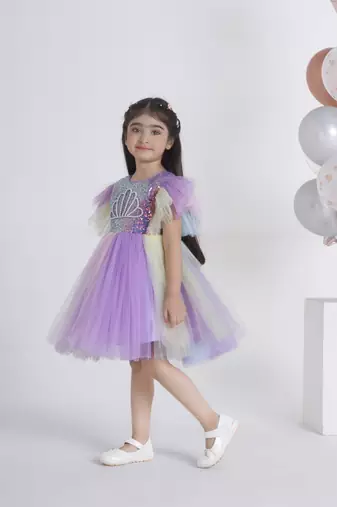 Purple sequins work and hand embriodery net frock