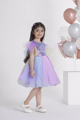 Purple sequins work and hand embriodery net frock