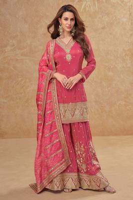 Pink embroidery sequins shimer silk palazzo suit - free size stitched( size upto 42") 1