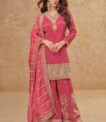 Pink embroidery sequins shimer silk palazzo suit - free size stitched( size upto 42")