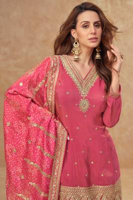 Pink embroidery sequins shimer silk palazzo suit - free size stitched( size upto 42") 2