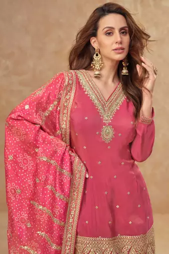 Pink embroidery sequins shimer silk palazzo suit - free size stitched( size upto 42")