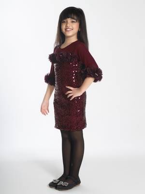 Maroon sequins work net midi dress 4