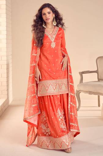 Orange embroidery, sequins shimer silk straight palazzo- free size stitched( size upto 42")