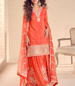 Orange embroidery sequins shimer silk straight palazzo- free size stitched( size upto 42")