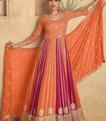 Orange embroidery sequins georgette gown- free size stitched( size upto 42")