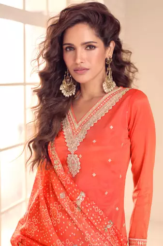 Orange embroidery sequins shimer silk straight palazzo- free size stitched( size upto 42")