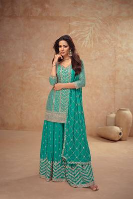 Turquoise blue embroidery, sequins chinon silk straight palazzo- free size stitched( size upto 42") 1