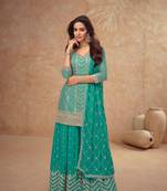 Turquoise blue embroidery, sequins chinon silk straight palazzo- free size stitched( size upto 42")