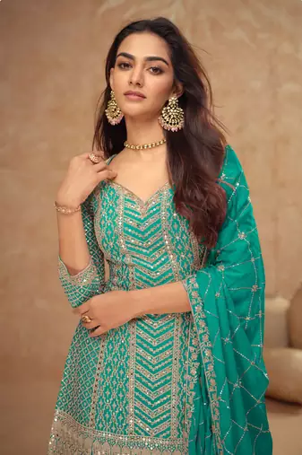 Turquoise blue embroidery, sequins chinon silk straight palazzo- free size stitched( size upto 42")