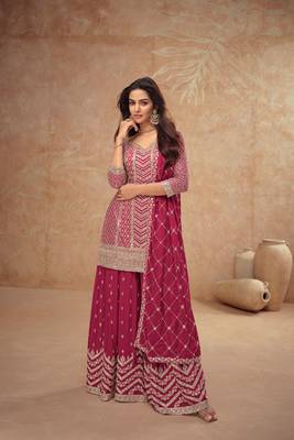 Pink embroidery sequins chinon silk straight palazzo- free size stitched( size upto 42") 1