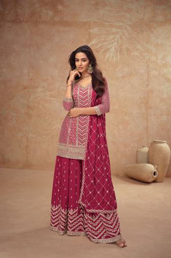 Pink embroidery, sequins chinon silk straight palazzo- free size stitched( size upto 42")