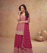 Pink embroidery sequins chinon silk straight palazzo- free size stitched( size upto 42")