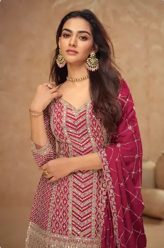Pink embroidery sequins chinon silk straight palazzo- free size stitched( size upto 42")