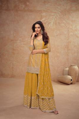 Mustard embroidery, sequins chinon silk straight palazzo- free size stitched( size upto 42") 1