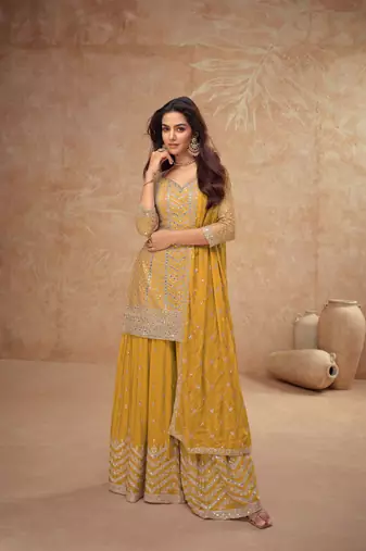 Mustard embroidery, sequins chinon silk straight palazzo- free size stitched( size upto 42")