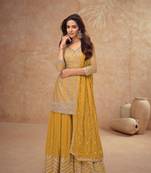 Mustard embroidery, sequins chinon silk straight palazzo- free size stitched( size upto 42")