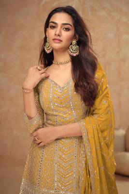 Mustard embroidery, sequins chinon silk straight palazzo- free size stitched( size upto 42") 2