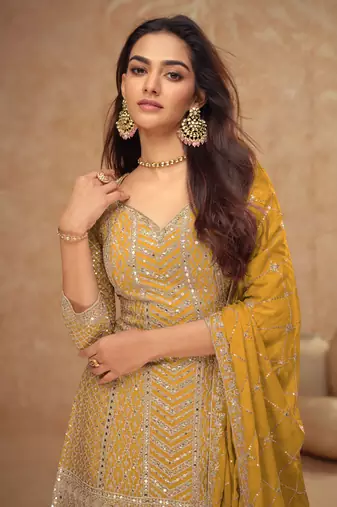 Mustard embroidery, sequins chinon silk straight palazzo- free size stitched( size upto 42")