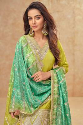 Lime green embroidery sequins shimer silk straight palazzo- free size stitched( size upto 42") 2