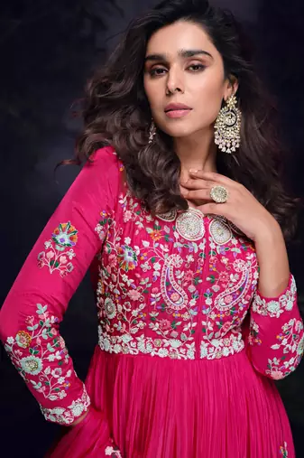 Pink thread embroidery sequins chinon silk gown- free size stitched( size upto 42")