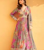 Grey embroidery sequins and print chinon silk gown- free size stitched( size upto 42")