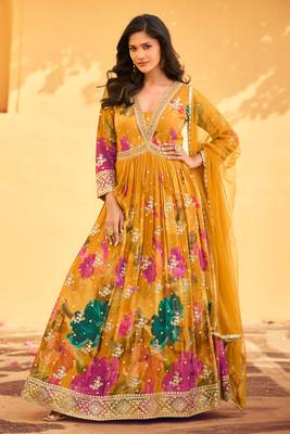 Mustard embroidery sequins and print chinon silk gown- free size stitched( size upto 42") 1