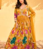 Mustard embroidery sequins and print chinon silk gown- free size stitched( size upto 42")