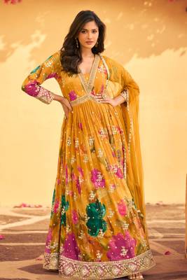 Mustard embroidery sequins and print chinon silk gown- free size stitched( size upto 42") 2