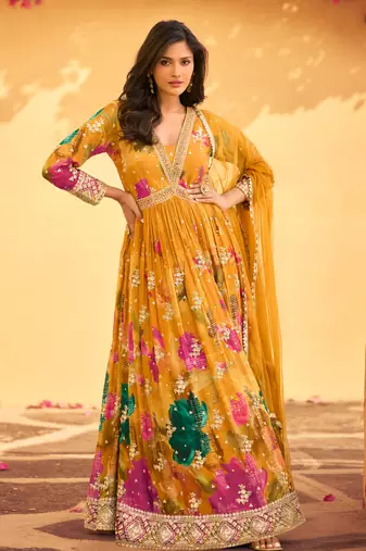Mustard embroidery sequins and print chinon silk gown- free size stitched( size upto 42")