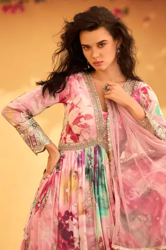 Pink embroidery sequins and print chinon silk gown- free size stitched( size upto 42")