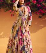 Multicolr embroidery, sequins and print chinon silk gown- free size stitched( size upto 42")