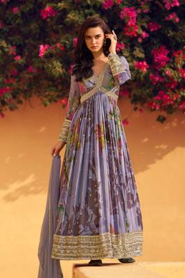 Lilac embroidery sequins and print chinon silk gown- free size stitched(size upto 42") 1