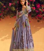 Lilac embroidery sequins and print chinon silk gown- free size stitched(size upto 42")