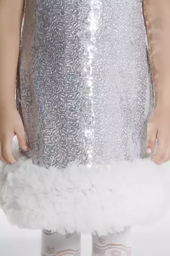 Silver sequins work net midi dress